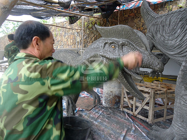 水泥雙冠龍雕塑，水泥恐龍雕塑